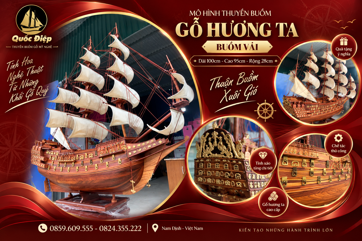 Mô Hình Thuyền Buồm Gỗ Hương Ta Buồm Vải 100x95x28cm – Vẻ Đẹp Sang Trọng Cho Không Gian Trưng Bày