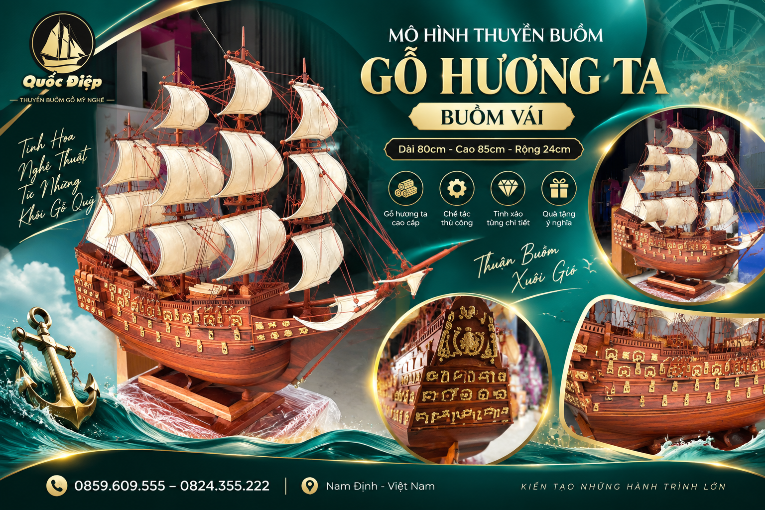 Mô Hình Thuyền Buồm Gỗ Hương Ta Buồm Vải 80x85x24cm – Tinh Tế, Sang Trọng Và Đầy Ý Nghĩa