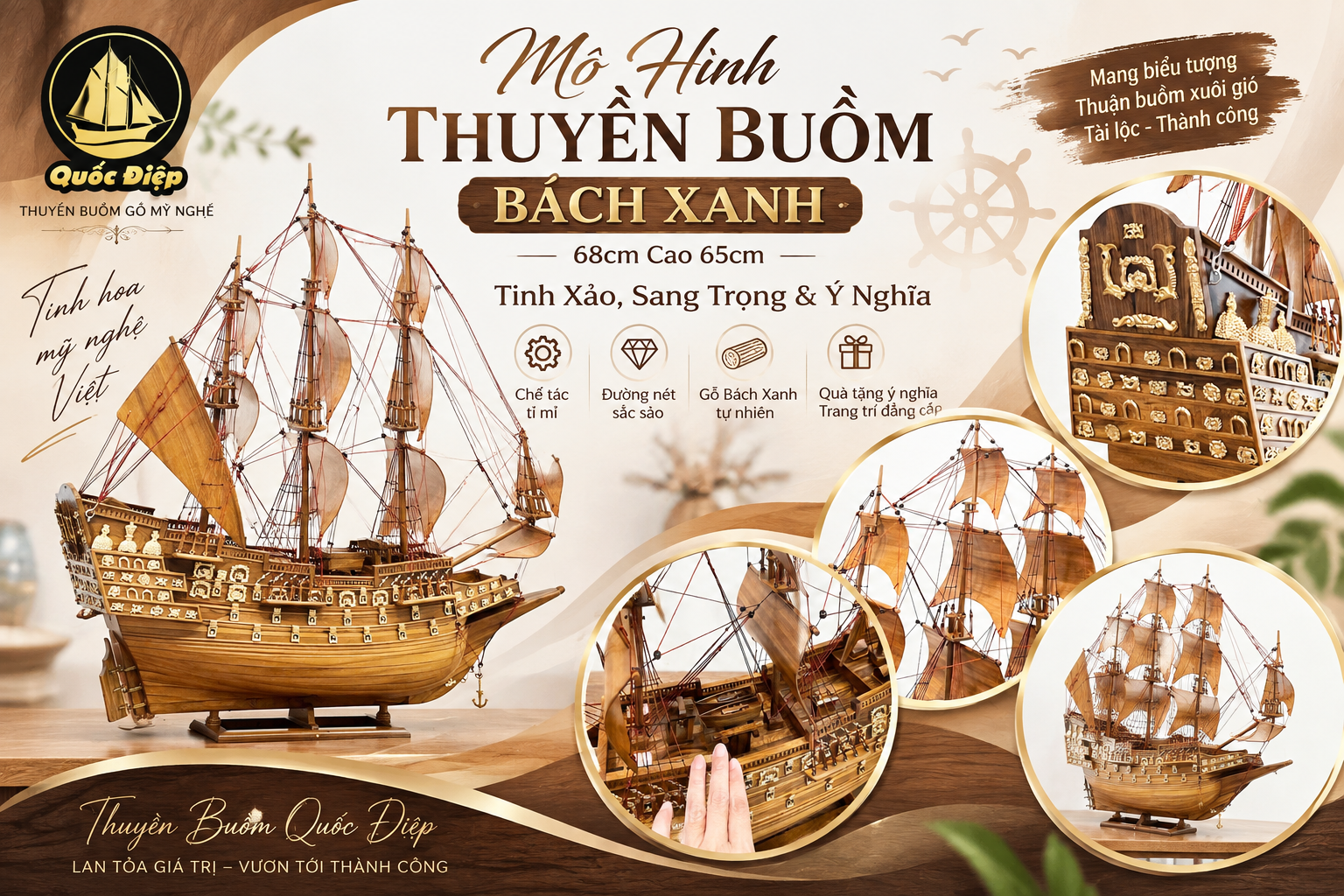 Mô Hình Thuyền Buồm Bách Xanh 68cm Cao 65cm – Tinh Xảo, Sang Trọng & Ý Nghĩa