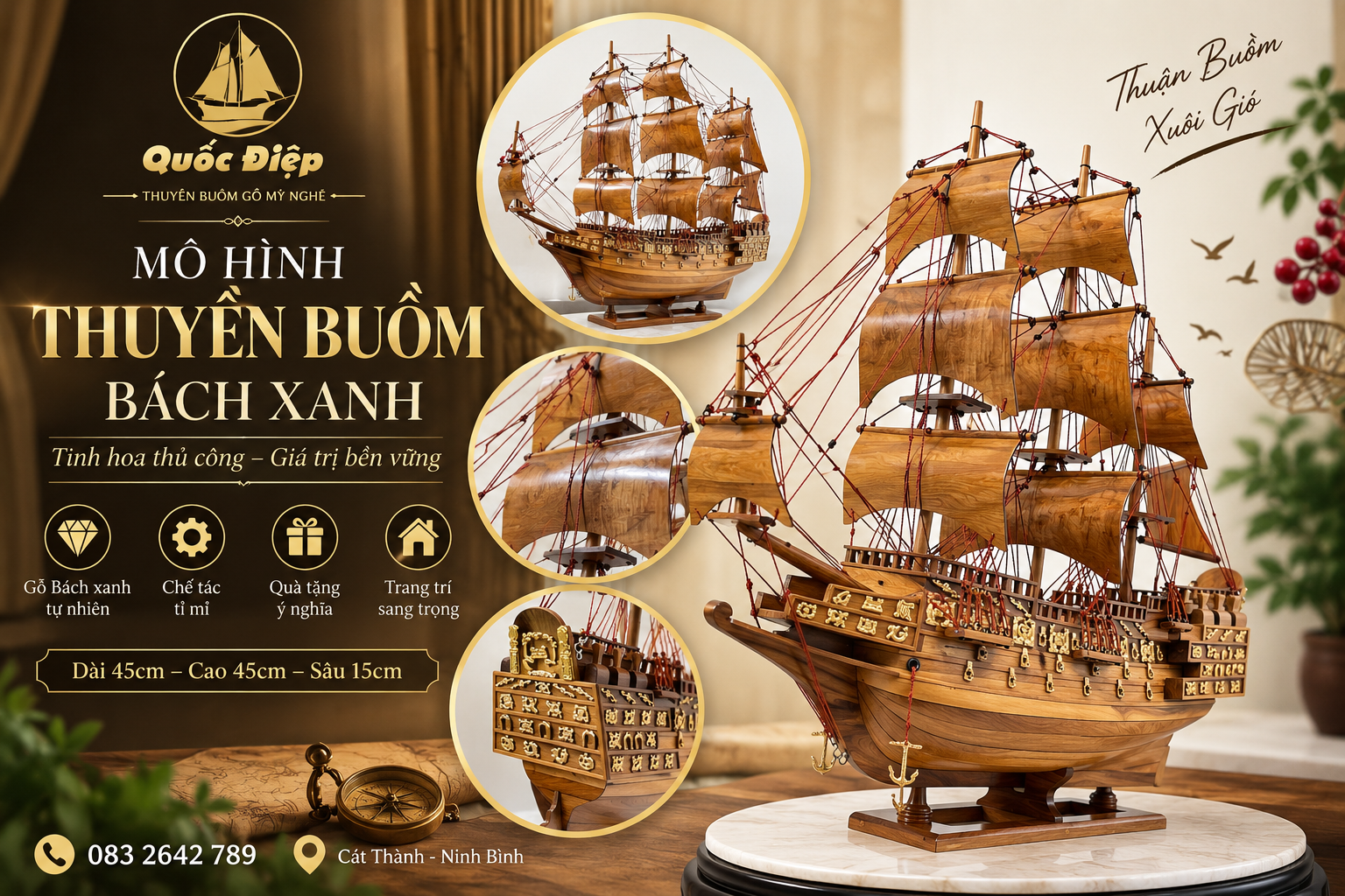Mô Hình Thuyền Buồm Bách Xanh 45cm x 45cm – Nhỏ Gọn, Tinh Xảo & Sang Trọng