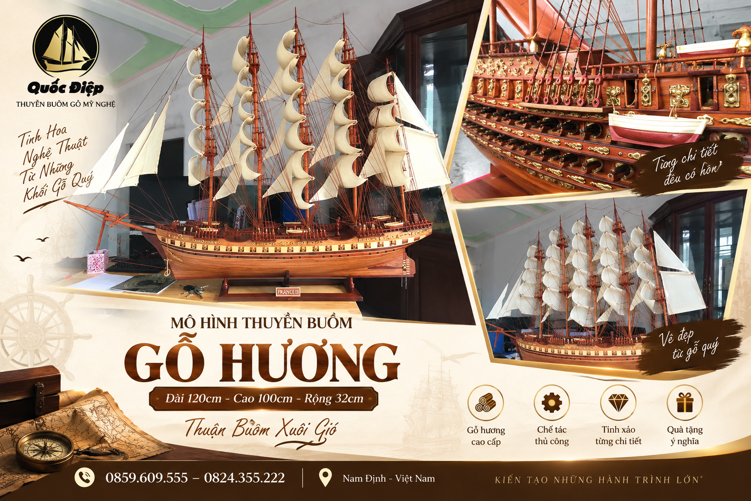 Mô Hình Thuyền Buồm Gỗ Hương Dài 120cm Cao 100cm Rộng 32cm – Vẻ Đẹp Bề Thế Cho Không Gian Sang Trọng