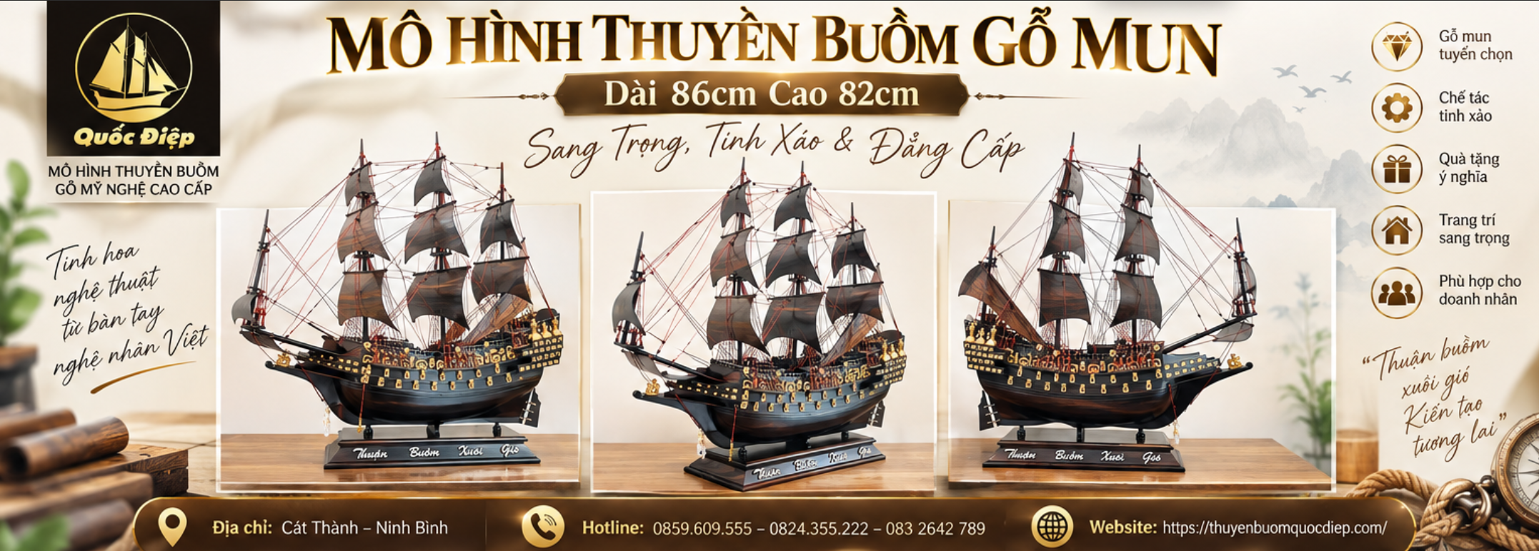 Mô Hình Thuyền Buồm Gỗ Mun Dài 86cm Cao 82cm