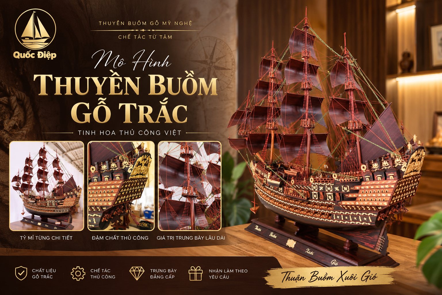Mô Hình Thuyền Buồm Gỗ Trắc Dài 1,5 Mét Cao 1,40 Mét – Tác Phẩm Trưng Bày Quy Mô Lớn, Đậm Chất Thủ Công