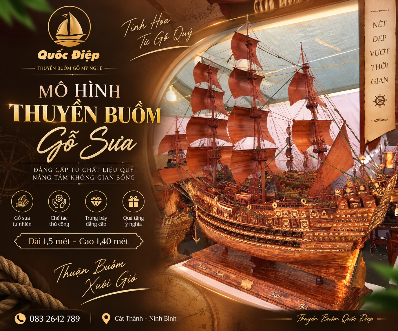 Mô Hình Thuyền Buồm Gỗ Sưa Dài 1,5 Mét Cao 1,40 Mét – Càng Nhìn Càng Cuốn, Đặt Ở Đâu Cũng Nổi Bật