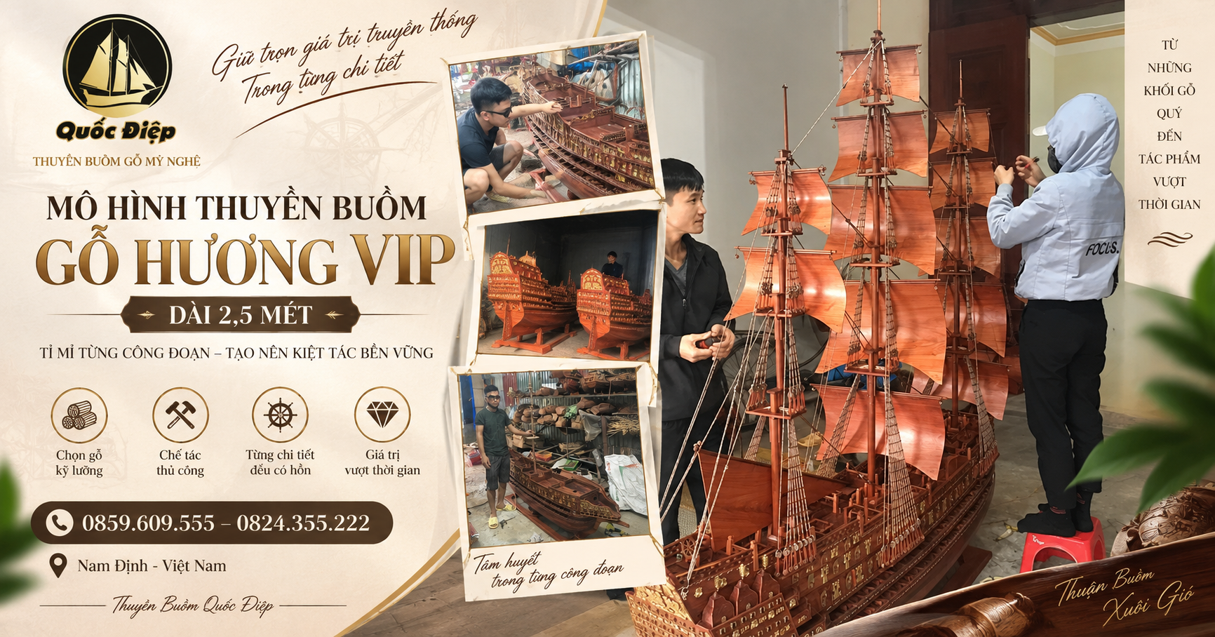 Mô Hình Thuyền Buồm Gỗ Hương VIP Dài 2,5m – Tuyệt Tác Thủ Công Dành Cho Không Gian Đẳng Cấp