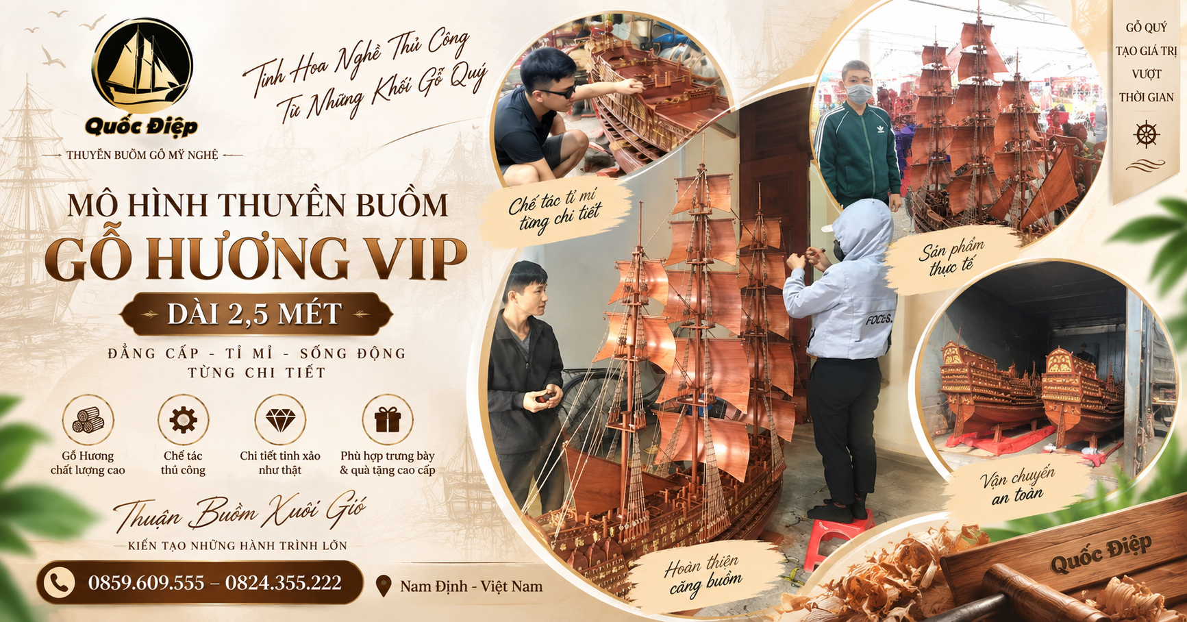 Mô Hình Thuyền Buồm Gỗ Hương VIP Dài 2,5m – Tuyệt Tác Thủ Công Dành Cho Không Gian Đẳng Cấp